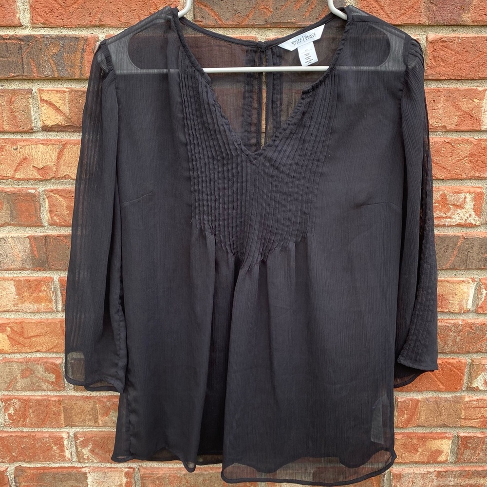 WHBM Sheer Black 3/4 Sleeve V Neck Blouse 10
